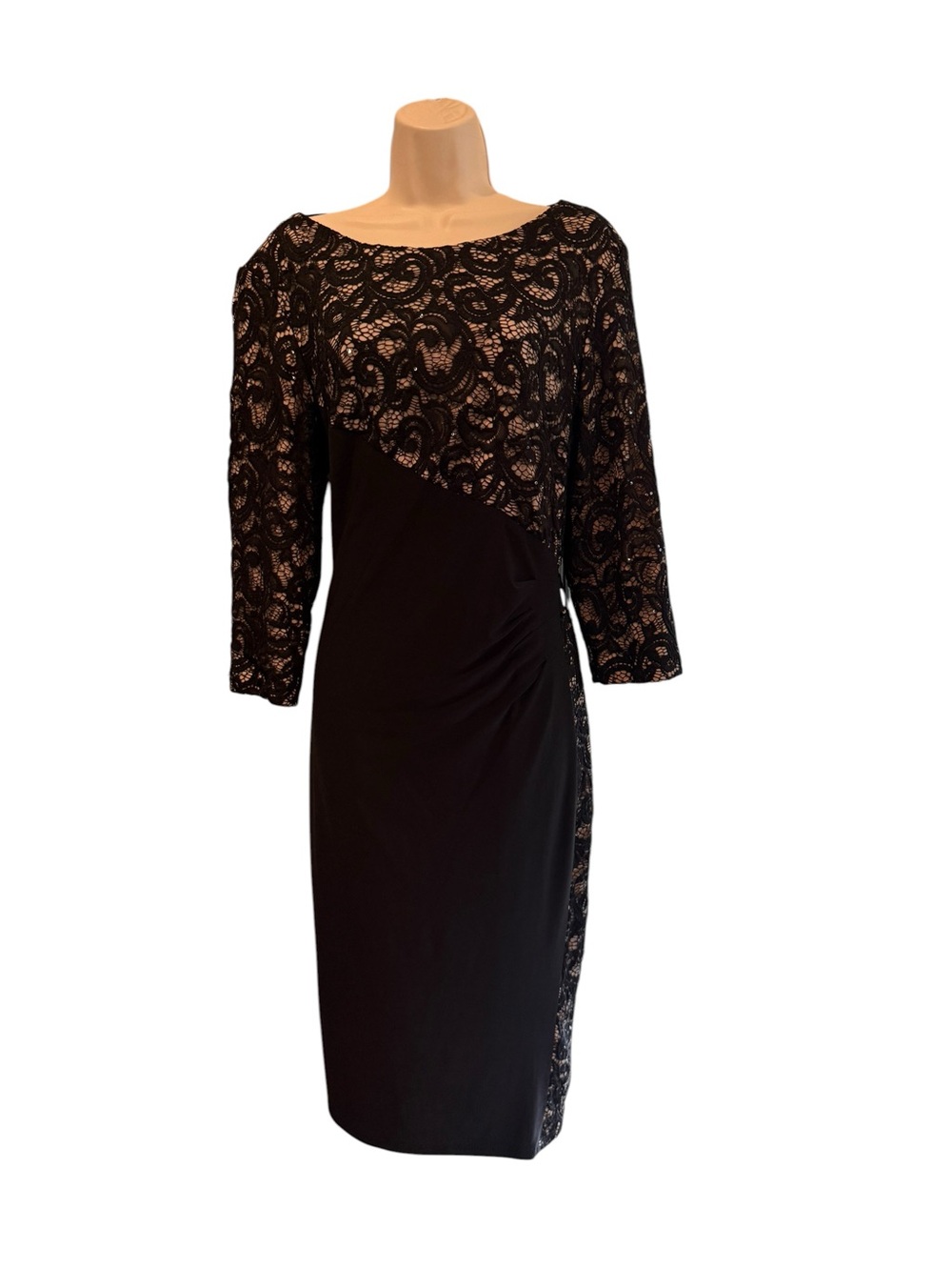 R&M Richards Black Lace-Accent Long Sleeve Sheath Dress